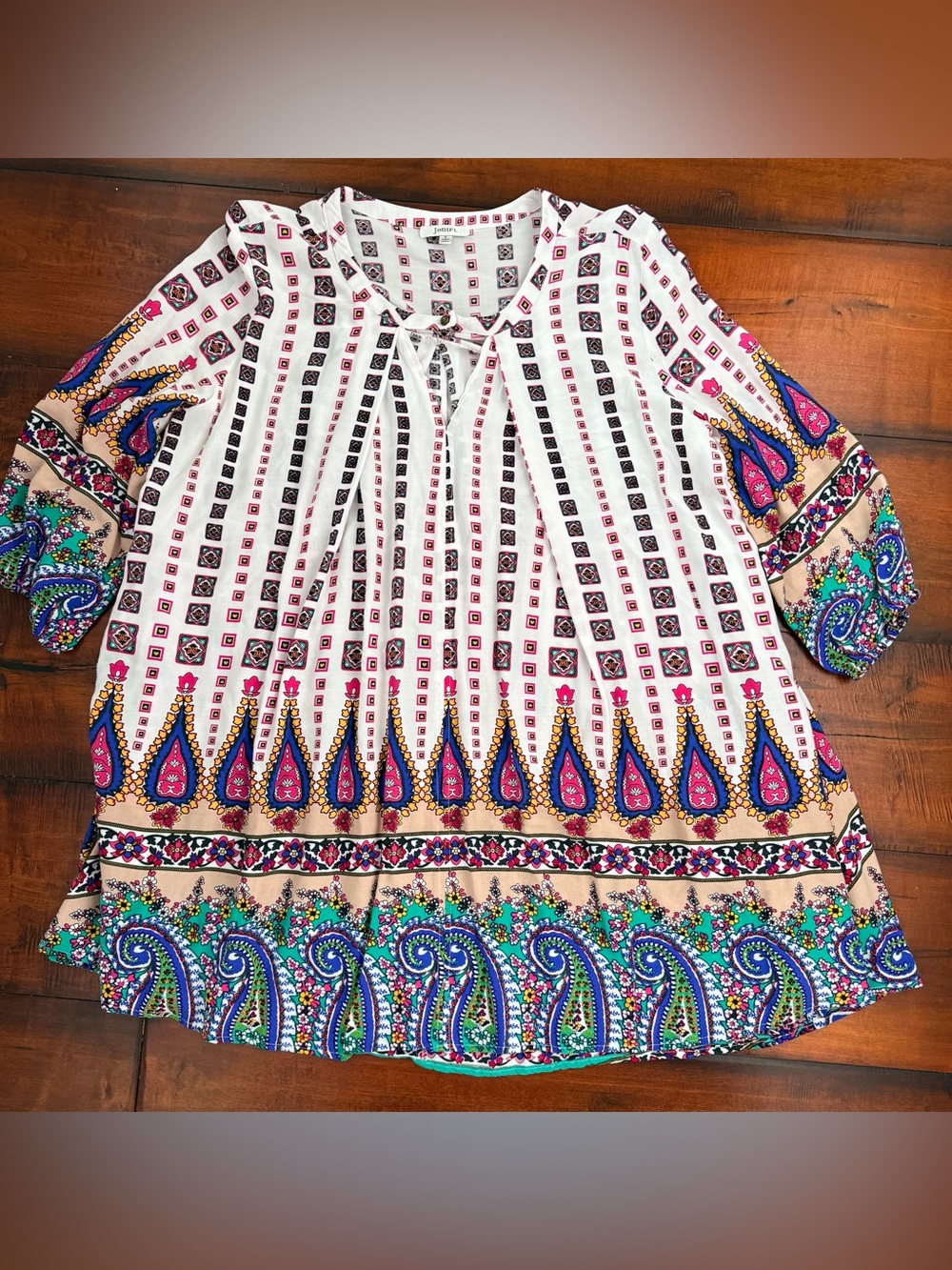 JODIFL White Mini Dress with Pink, Blue, Green and Tan Paisley Accents